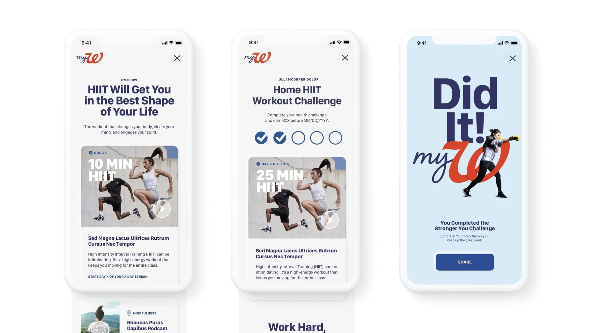 Three phone screens showing a myWalgreens fitness challenge flow: a workout article, a five-day challenge progress view, and a completion screen with a share button