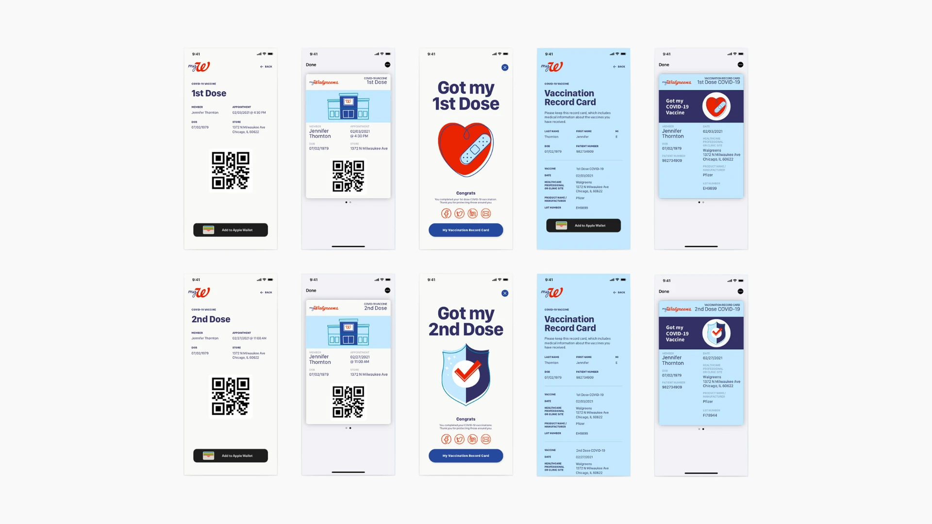 Ten phone screens from the myWalgreens COVID-19 vaccine flow, arranged in two rows for the first and second dose: an appointment pass with a QR code and Add to Apple Wallet button, the pass saved to the phone wallet, a Got my dose celebration screen, the vaccination record card, and the record card shown in the wallet.