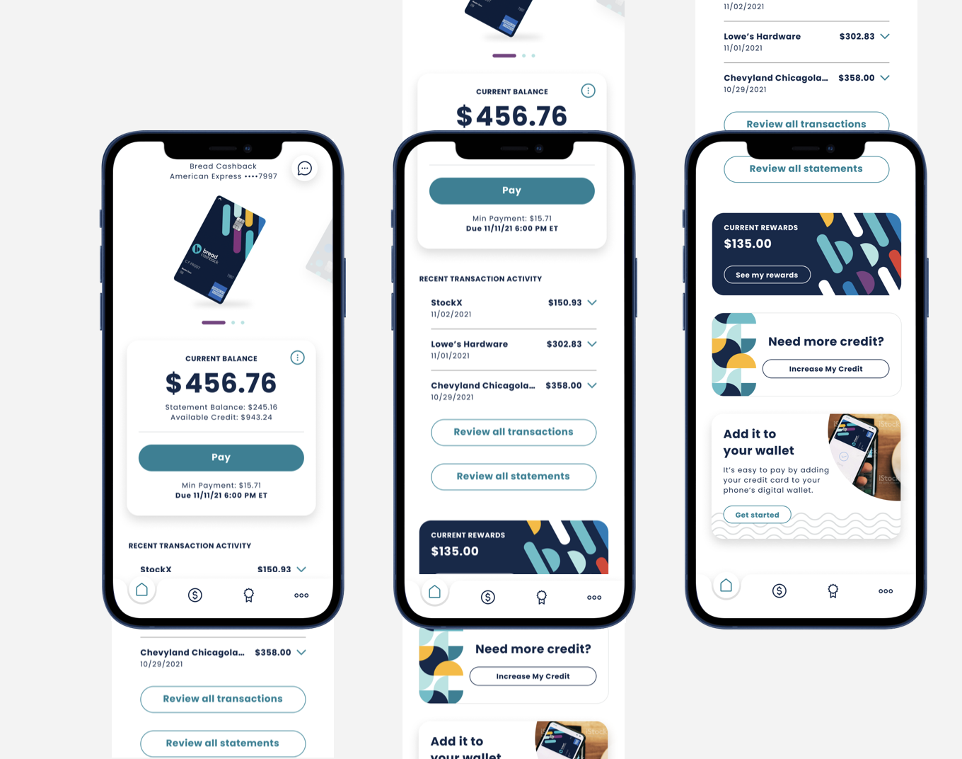 Three iPhone mockups of the Bread Cashback American Express app: the home screen with current balance, statement balance, Pay button and recent transaction activity; a taller view of the same home screen with review actions; and the rewards screen with current rewards, need-more-credit and add-it-to-your-wallet cards.